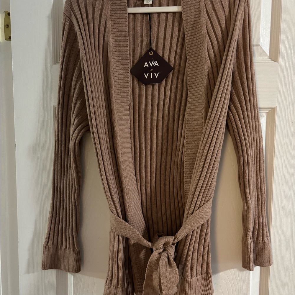 Ava & Viv Ribbed Taupe Tie-Waist Cardigan